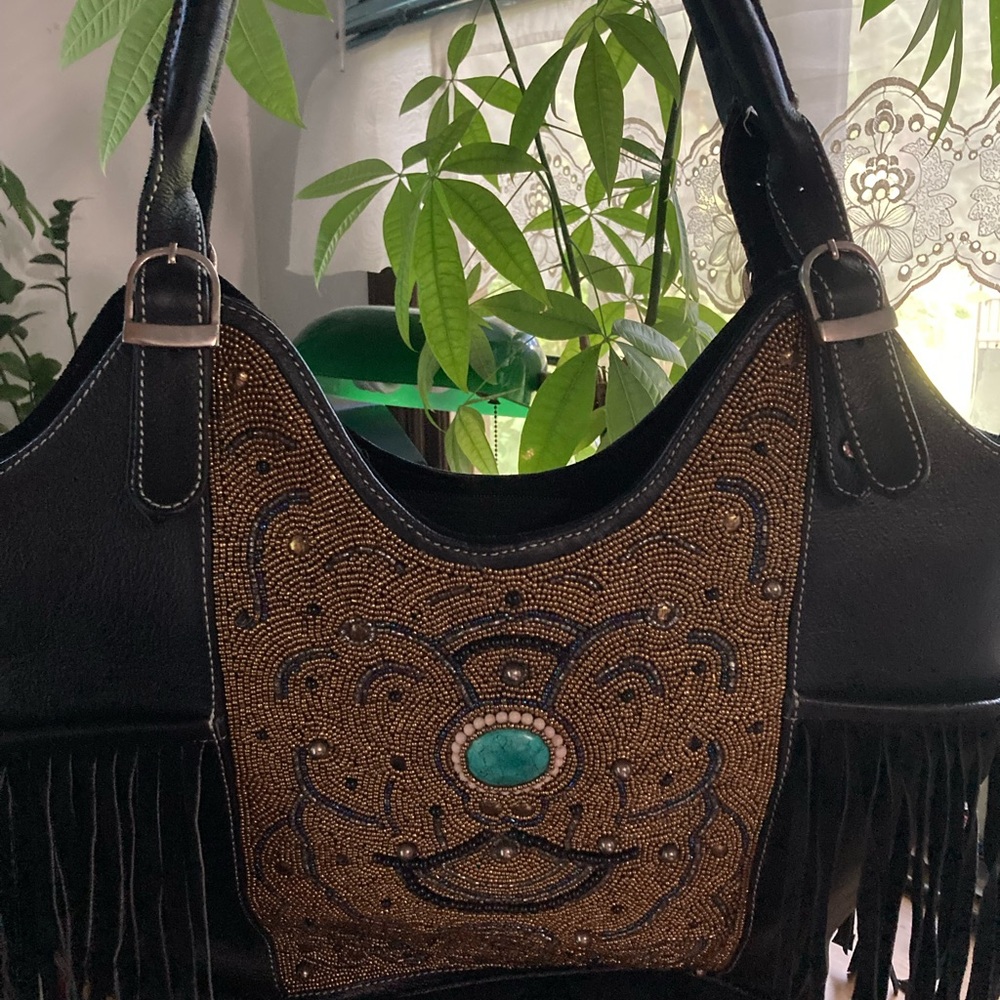 “Vintage Addiction” Boho Black Leather Handbag with Beautiful Beadwork